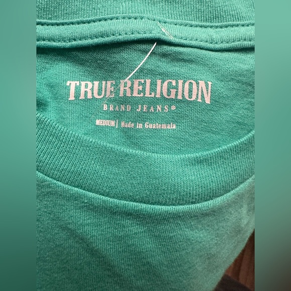 True Religion Medium Tshirt Turquoise Aqua Buddha with a Guitar Horseshoe Men’s - Picture 4 of 7